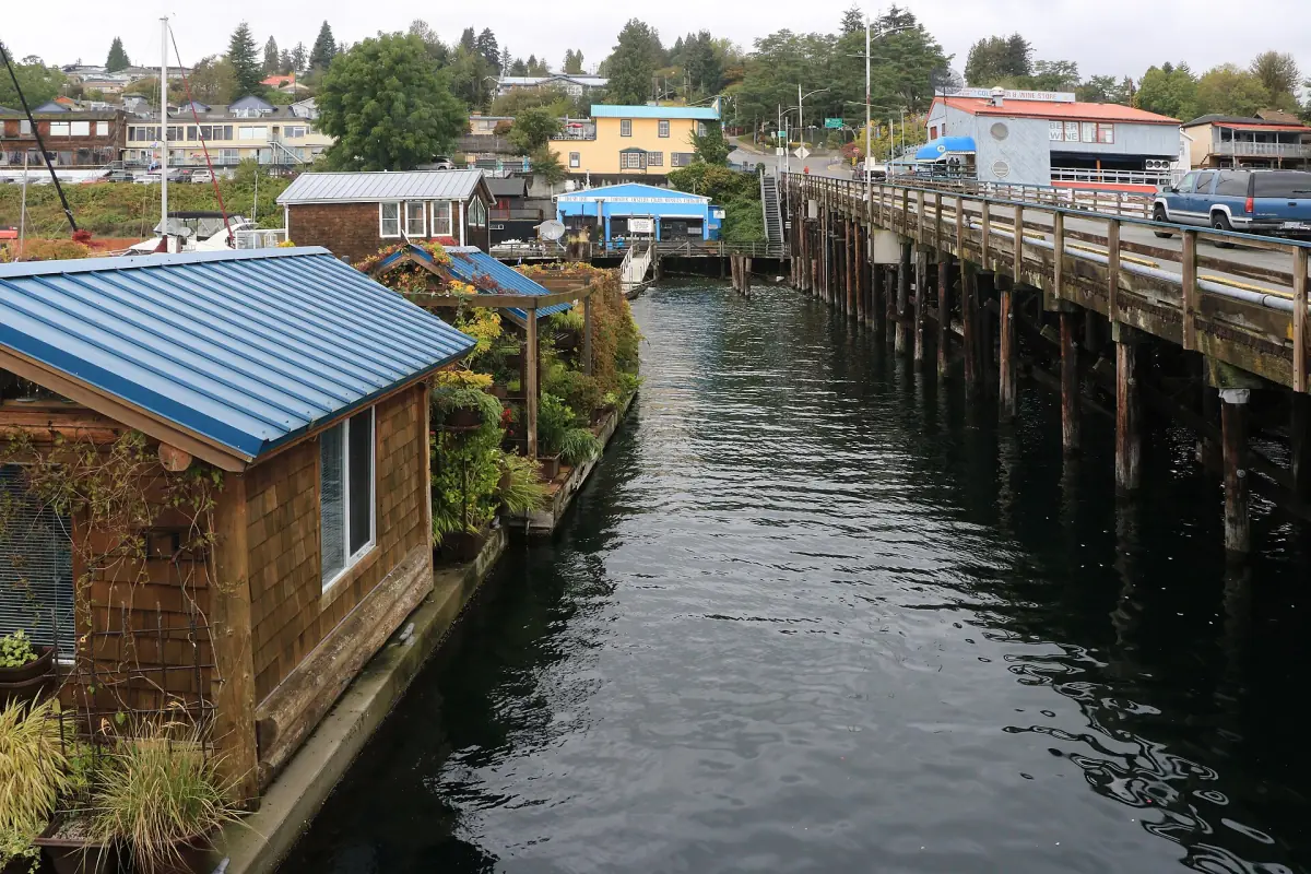 Wooden wharf and waterfront cottages at Gibsons Landing